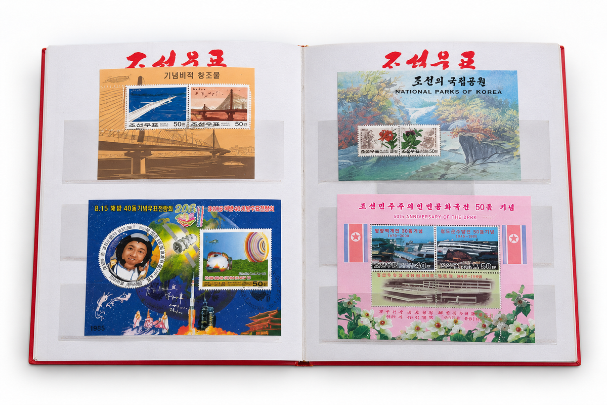 Collection of original North Korean stamps with effigies of Kim Jong-Il, Kim Il-Sung